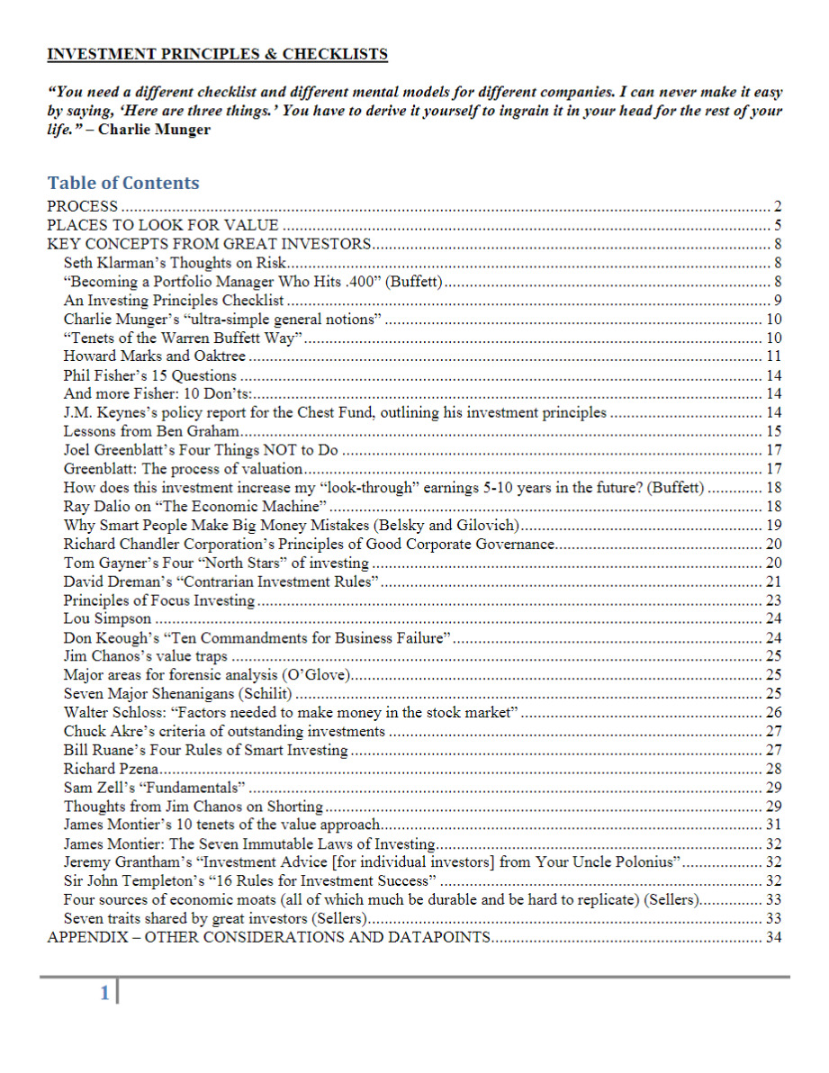Ordway's Investment Principles and Checklists