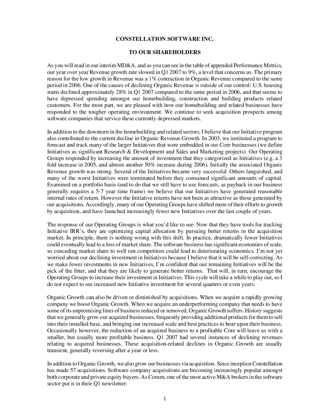 Constellation Software Letters to Shareholders