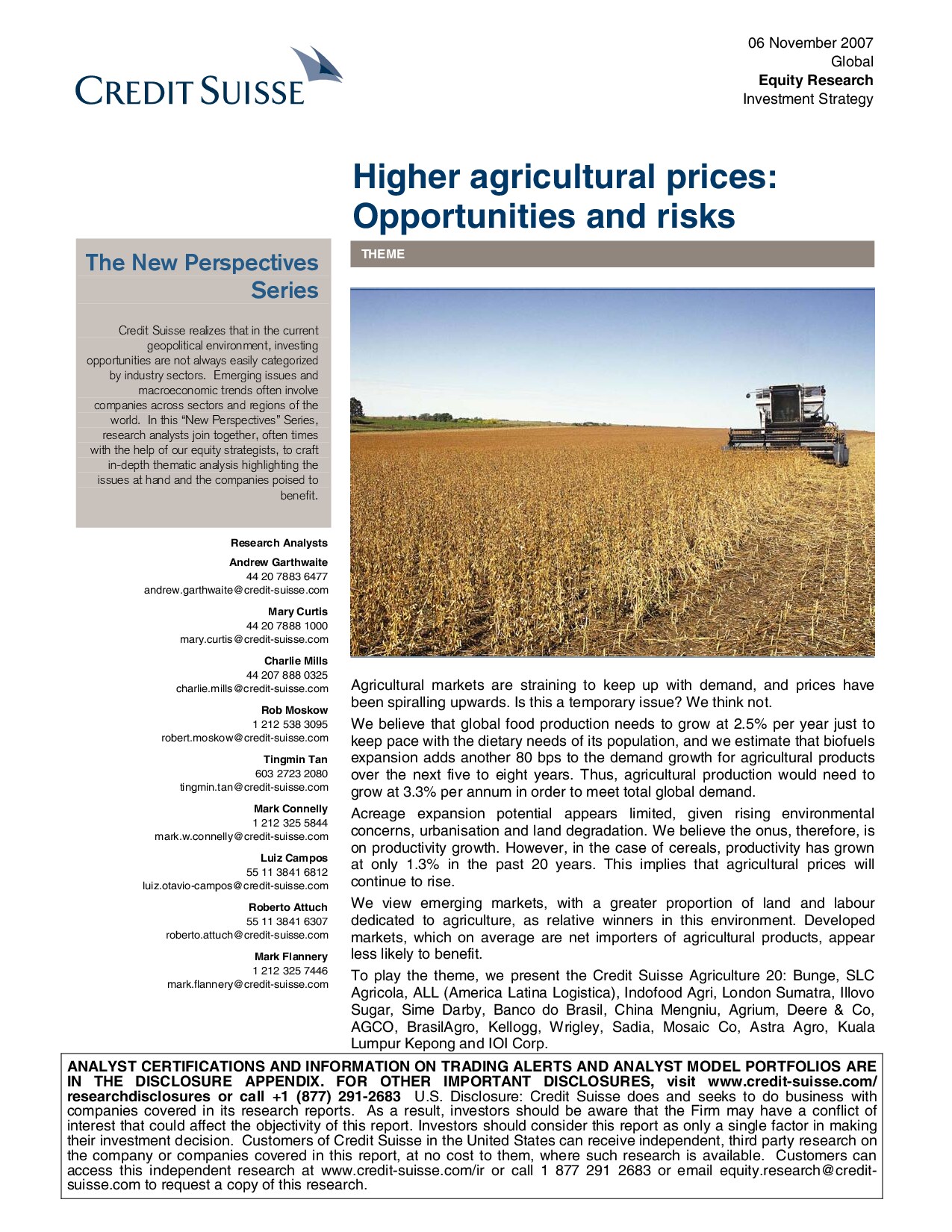 Higher Agricultural Prices: Opportunities and Risks