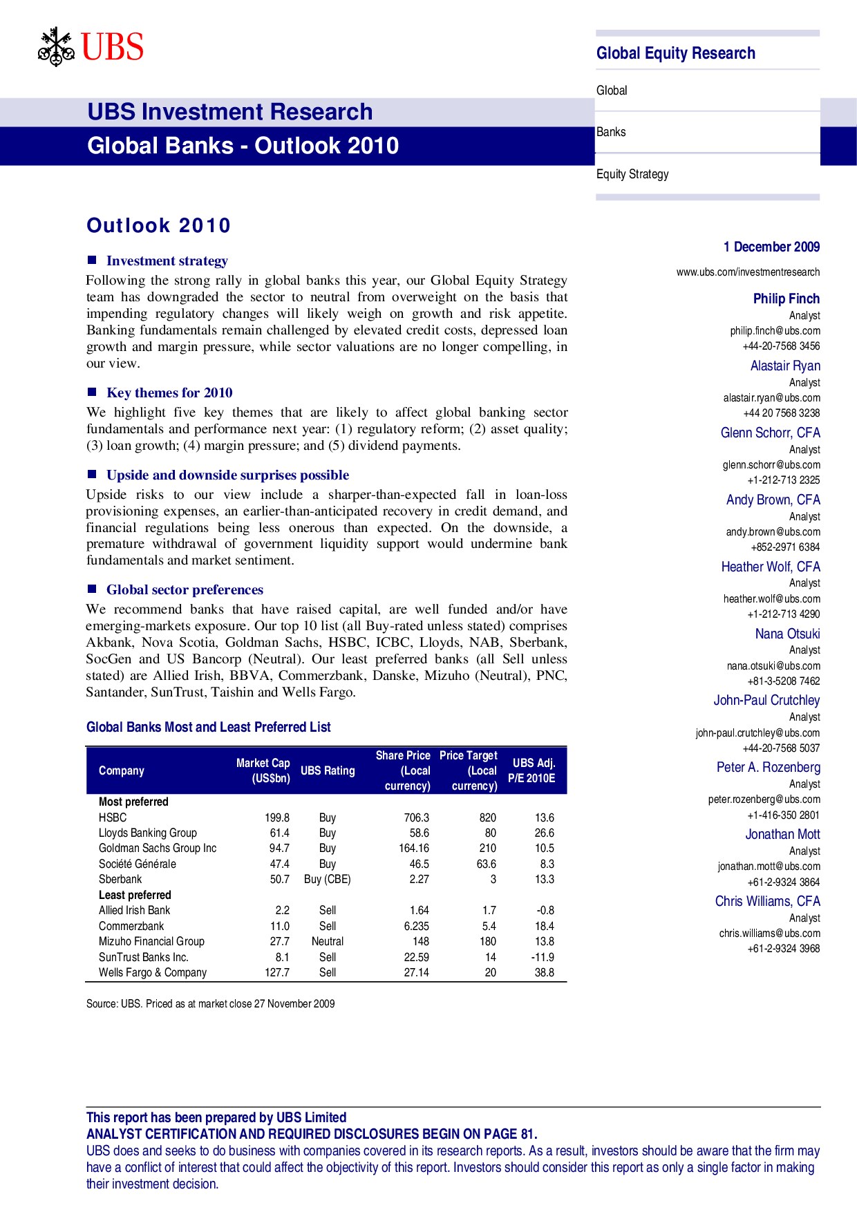 Global Banks Outlook 2010