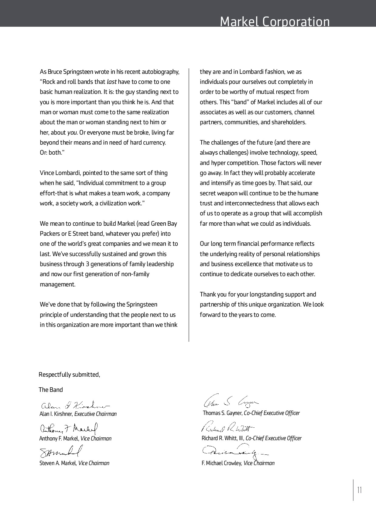 Markel Corporation Letters to Shareholders