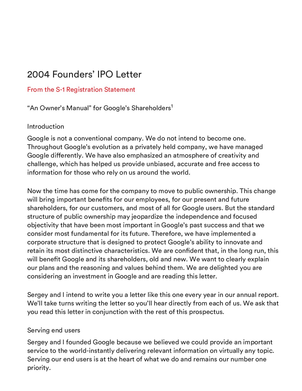Google Letters to Shareholders