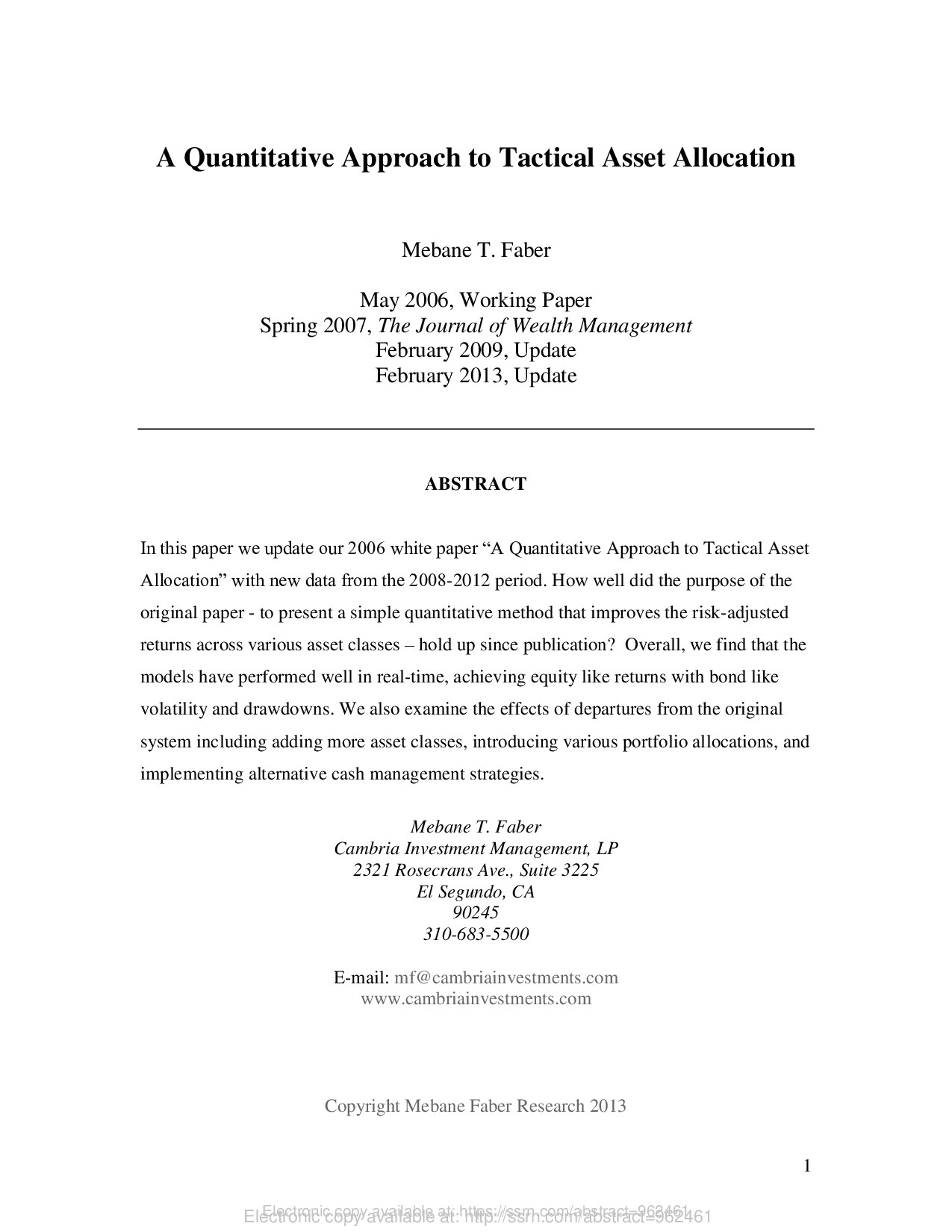 A Quantitative Approach to Tactical Asset Allocation