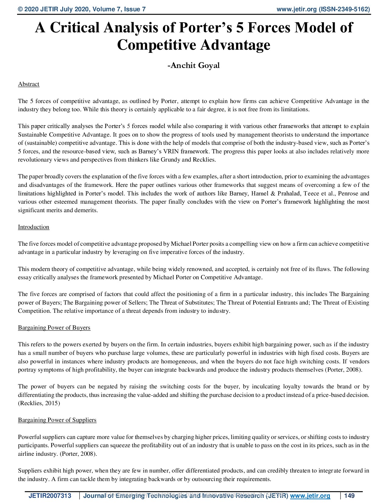 A Critical Analysis of Porter’s 5 Forces Model of Competitive Advantage