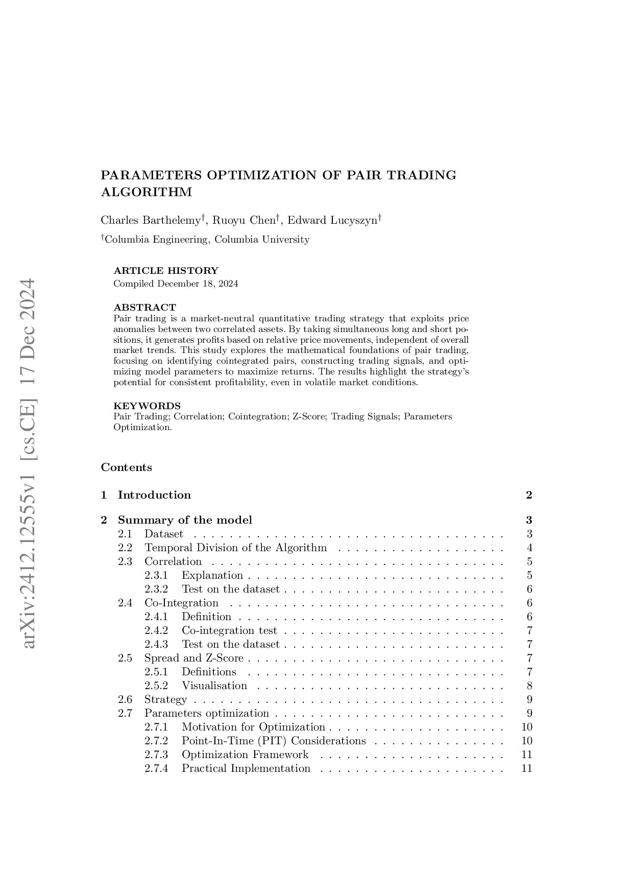Parameters Optimization of Pair Trading Algorithm
