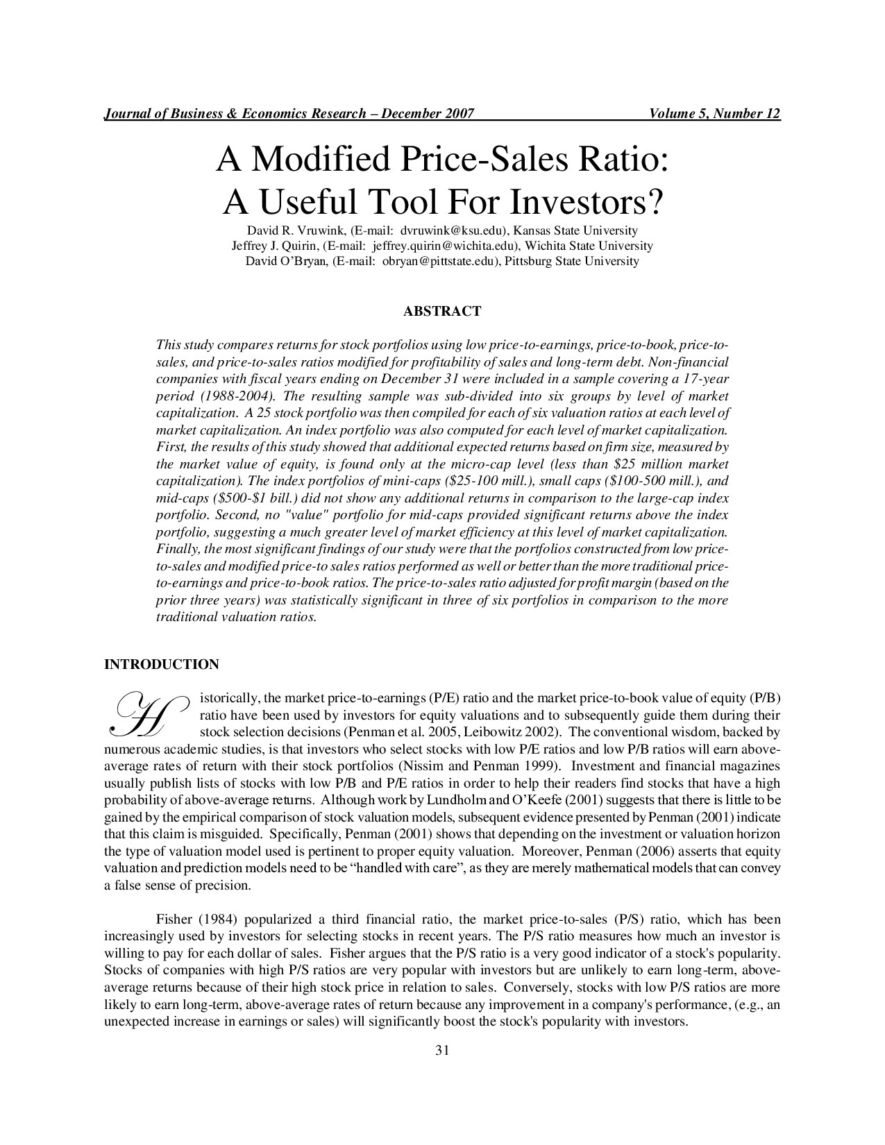 A Modified Price-Sales Ratio: A Useful Tool For Investors?