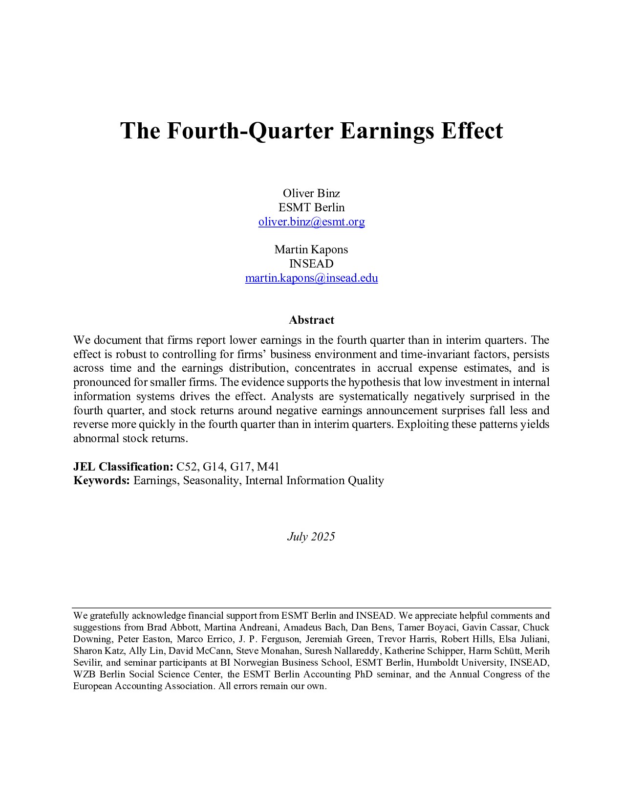 Fourth Quarter Earnings Effect