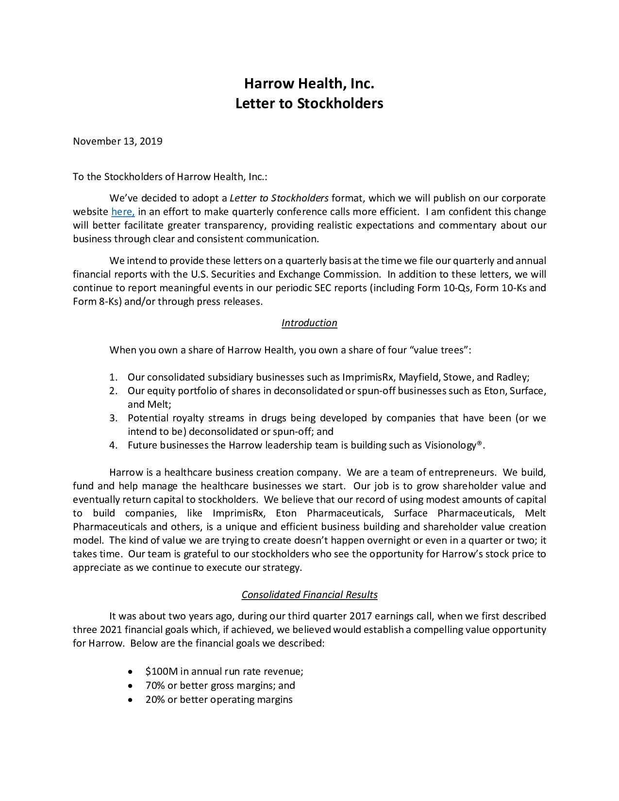 Harrow Letters To Shareholders