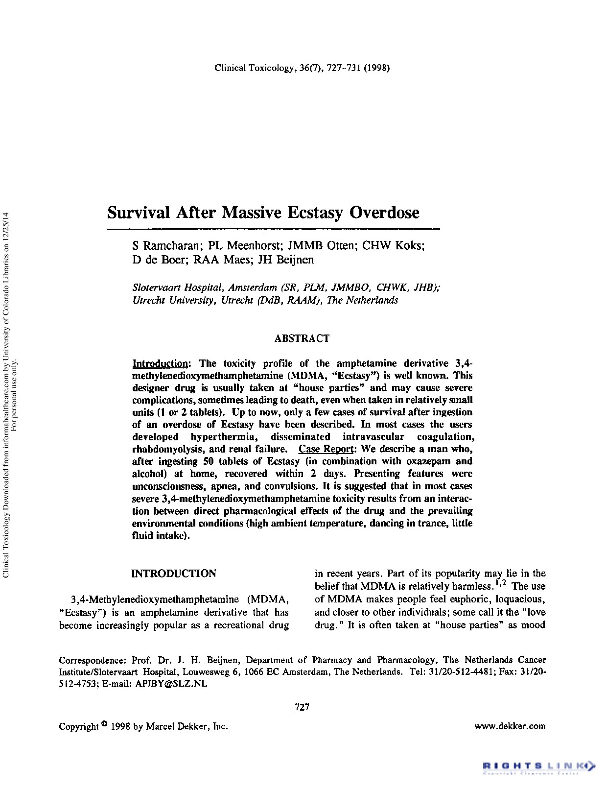 Survival After Massive Ecstasy Overdose