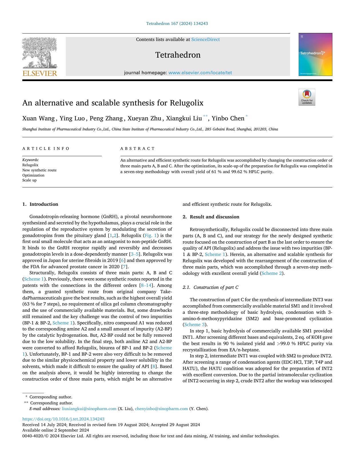 An alternative and scalable synthesis for Relugolix