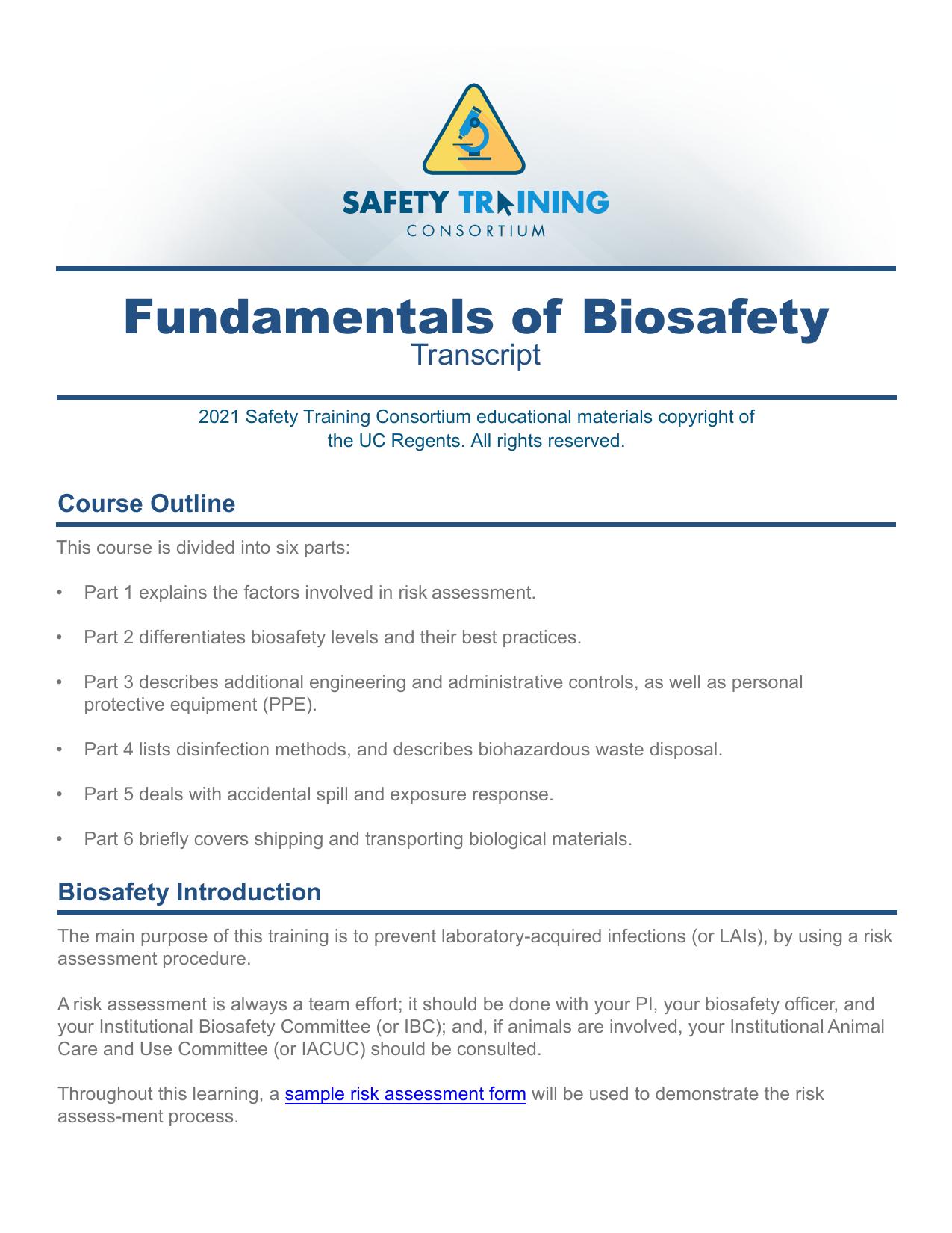 Fundamentals of Biosafety Course Transcript