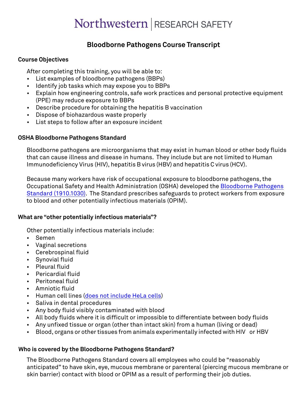 Bloodborne Pathogens Course Transcript