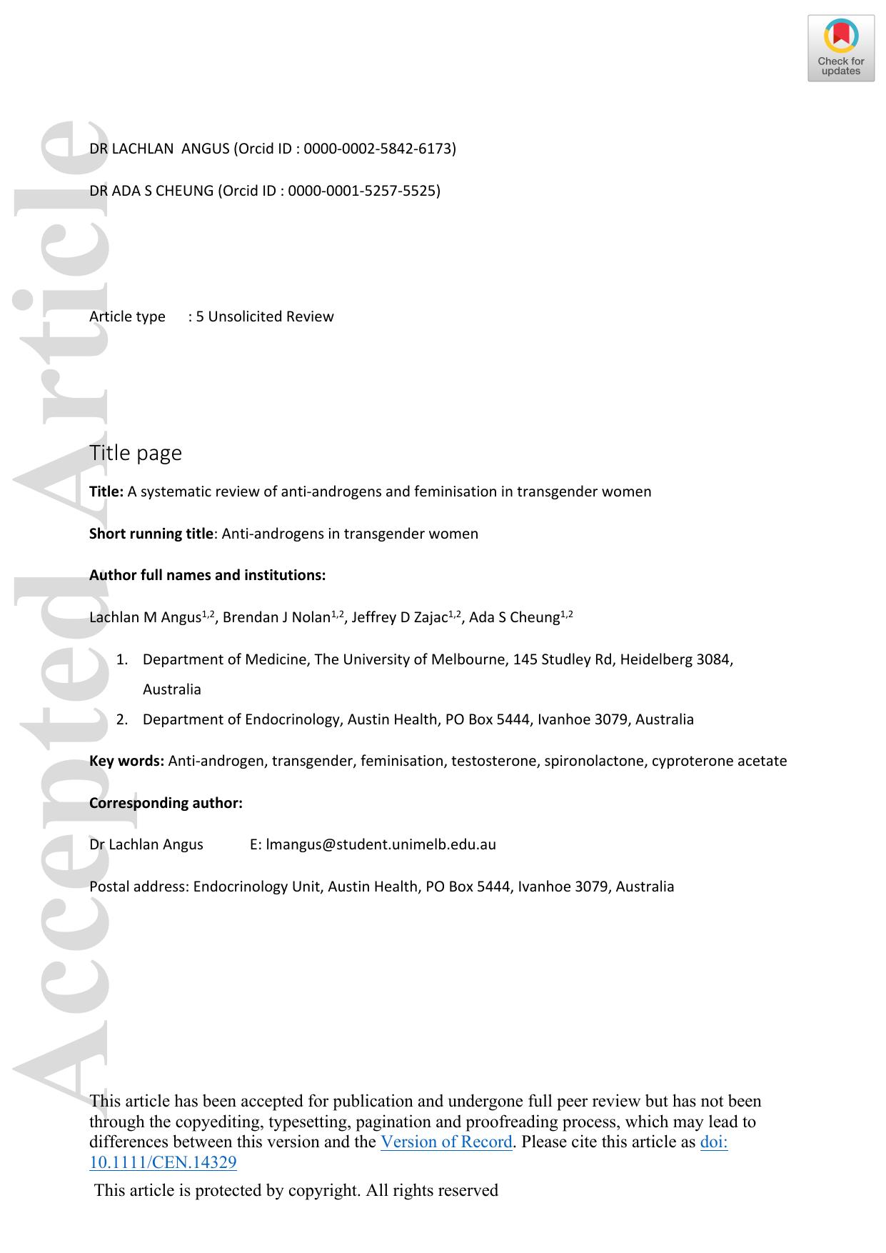A systematic review of anti‐androgens and feminisation in transgender women
