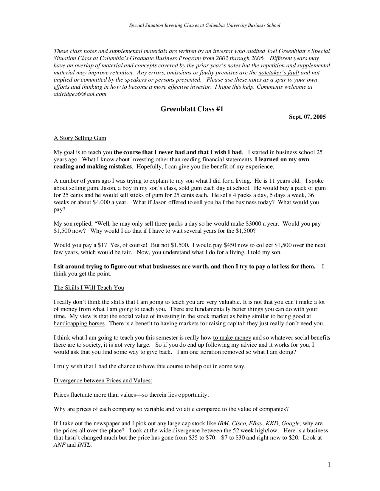 Joel Greenblatt Class Notes